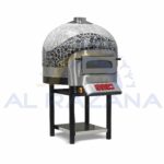 Modern dome-shaped pizza oven with mosaic finish, stainless steel door, and control panel for commercial use.