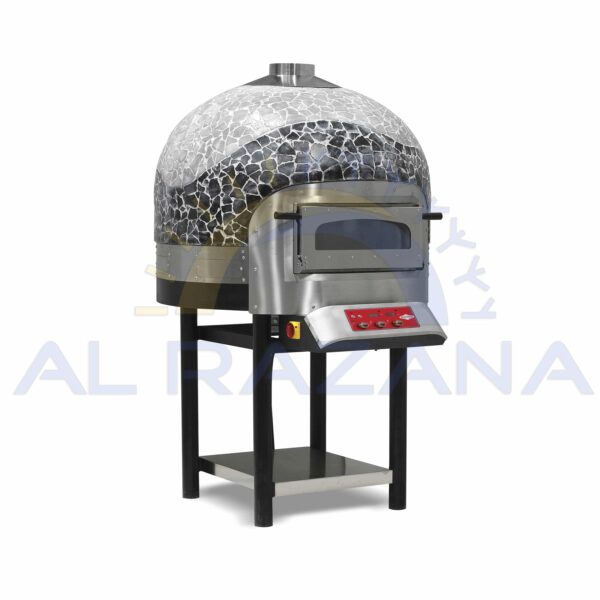 Modern dome-shaped pizza oven with mosaic finish, stainless steel door, and control panel for commercial use.