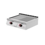 Stainless steel countertop gas grill with dual control knobs and split cooking surfaces for grilling and searing.