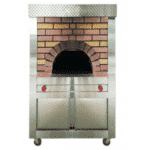 Stainless steel mobile brick oven with traditional brick arch design, dual controls, and storage cabinet below.