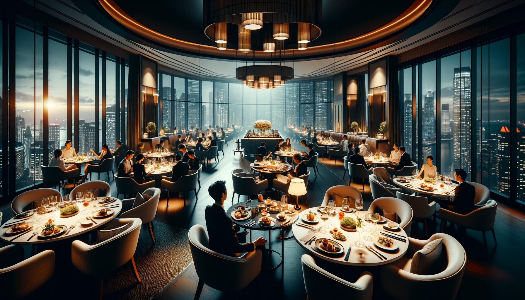 تحقيق أقصى قدر من الكفاءة من خلال تصميم مطبخ الفندق الحديث 1 DALL·E 2024 02 29 11.52.12 A luxurious hotel dining room filled with guests enjoying gourmet meals. The setting is elegant with dim lighting beautifully arranged tables with f