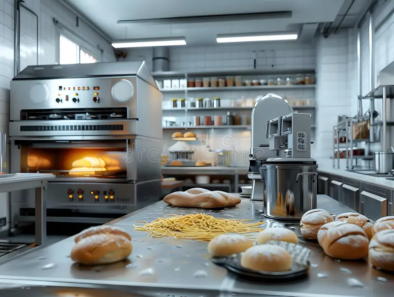 a kitchen with food on a table