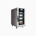 Compact stainless proofer oven with transparent door, digital panel, and multiple food trays inside.